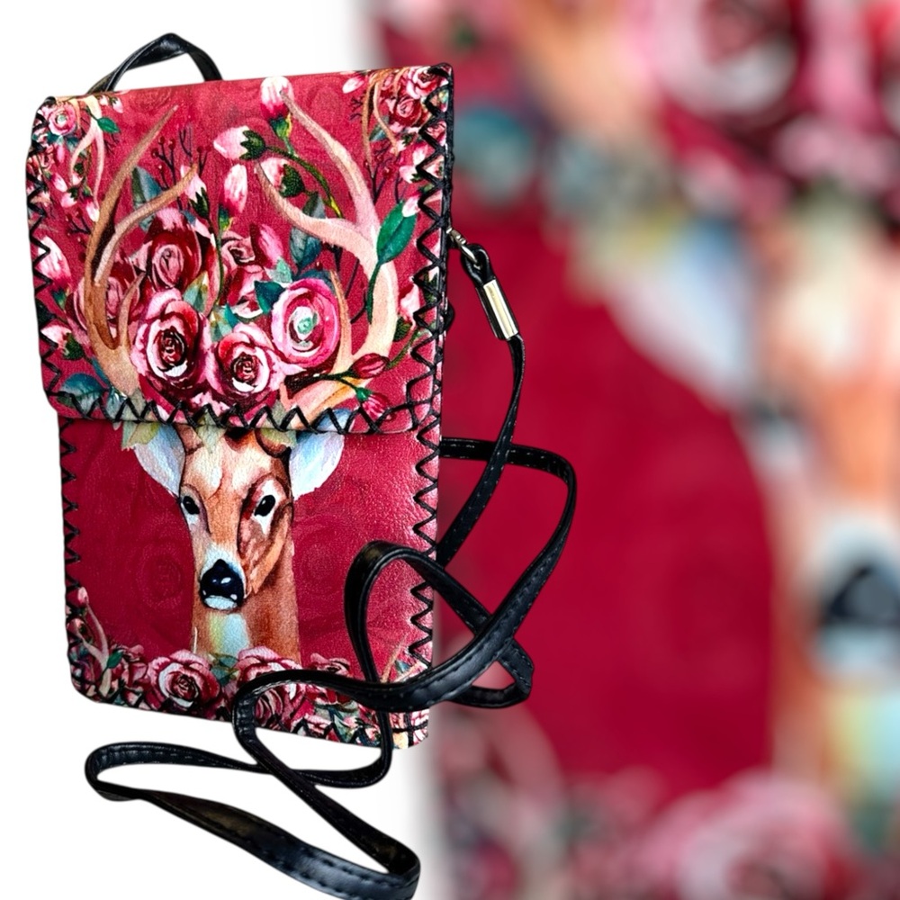 Boho Chic Deer Floral Crossbody Purse Faux Leather Red 8”x 5” Festival purse
